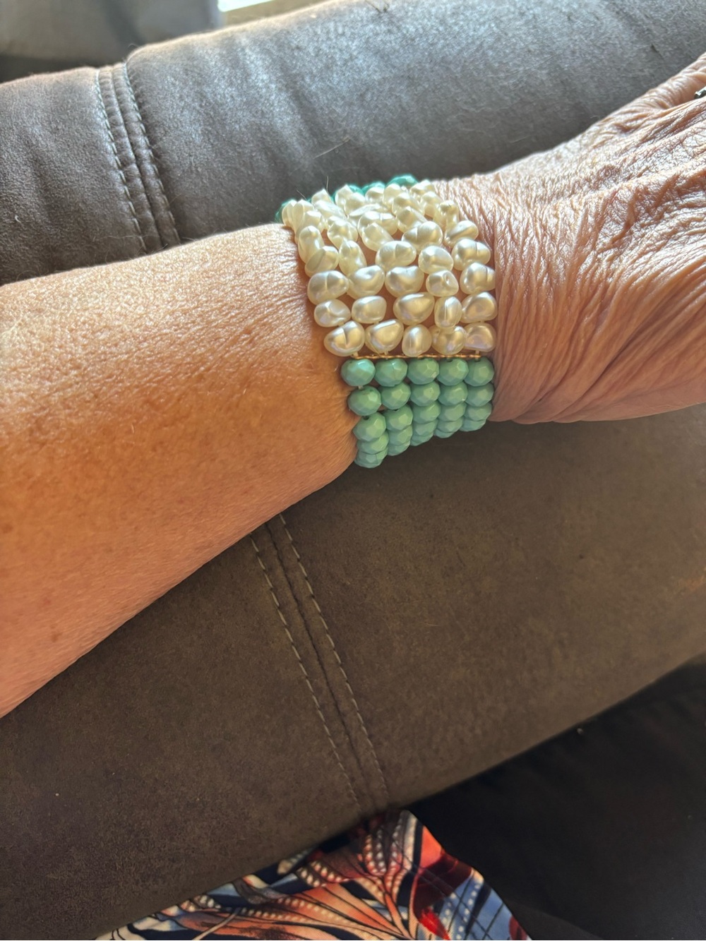 Pearl and Aqua Bead Stretch Bracelet - Elegant Two-Tone Women's Jewelry